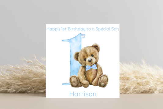 Personalised Teddy Blue 1st Birthday Card