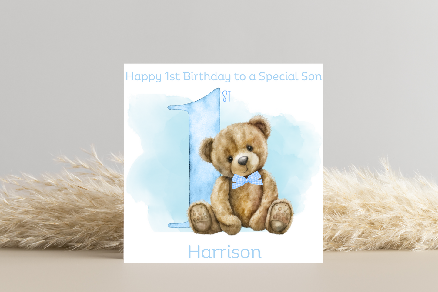 Personalised Teddy Blue 1st Birthday Card