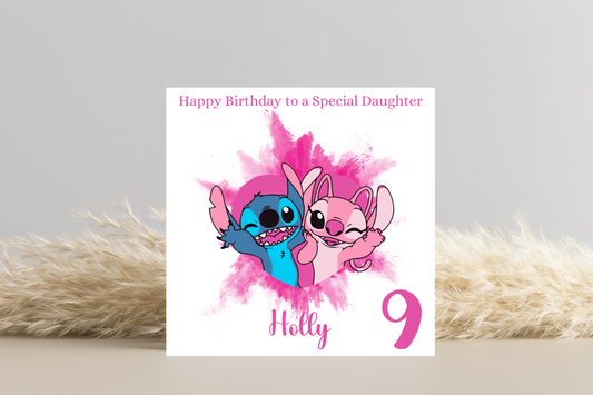 Personalised Stitch and Angel Birthday Card