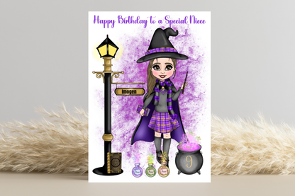 Personalised Wizard School Girl in Purple Uniform Birthday Card - Customised look