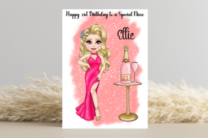 Celebrate Her Milestone: Customise Doll Look Alike in Hot Pink Dress with Champagne Bottle Design - Perfect 21st Birthday Card