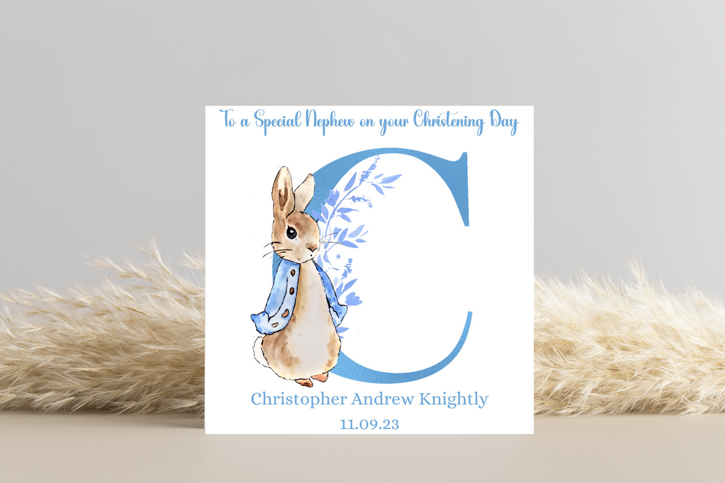 Peter Rabbit Blue Christening Card- Personalised Initial Name and Date