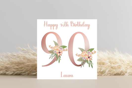 Personalised 90th Rose Gold Floral Birthday Card