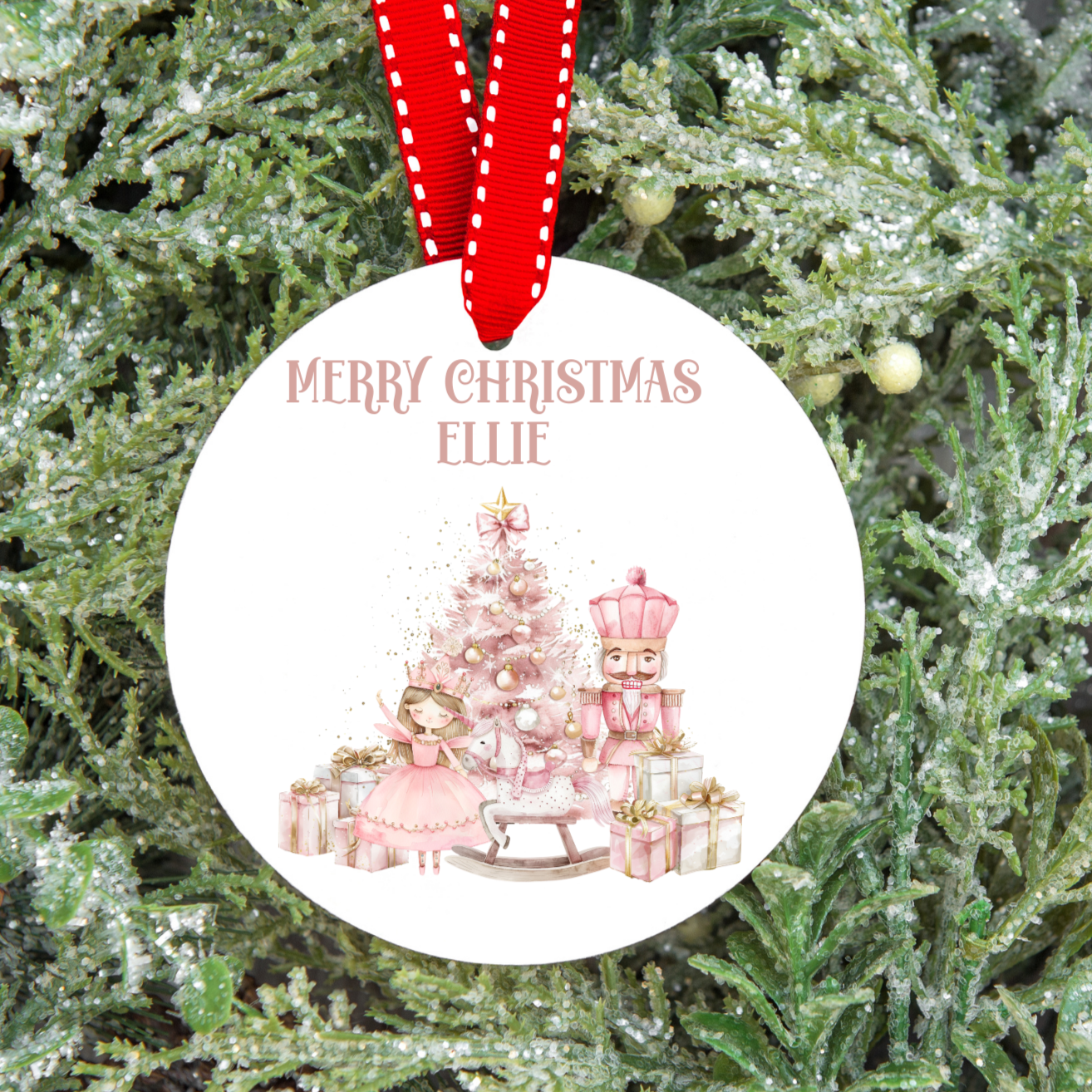 Personalised Merry Christmas Dinosaur or Pink Princess and Nutcracker Tree Decoration