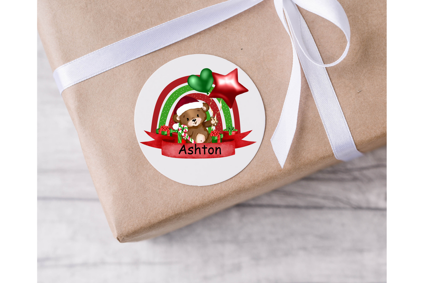 Personalised Christmas Rainbow with Bear Christmas Present Labels - 12 per sheet