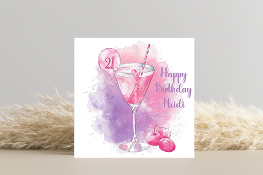 Personalised 21st Birthday Card - Pink Cocktail -  Celebration Greeting