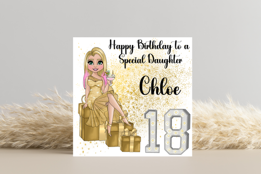 18th Birthday Card Personalised- Lady in Gold Dress Sitting on Glittering Presents