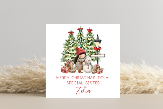 Personalised Snowman Building Little Girl Christmas Card