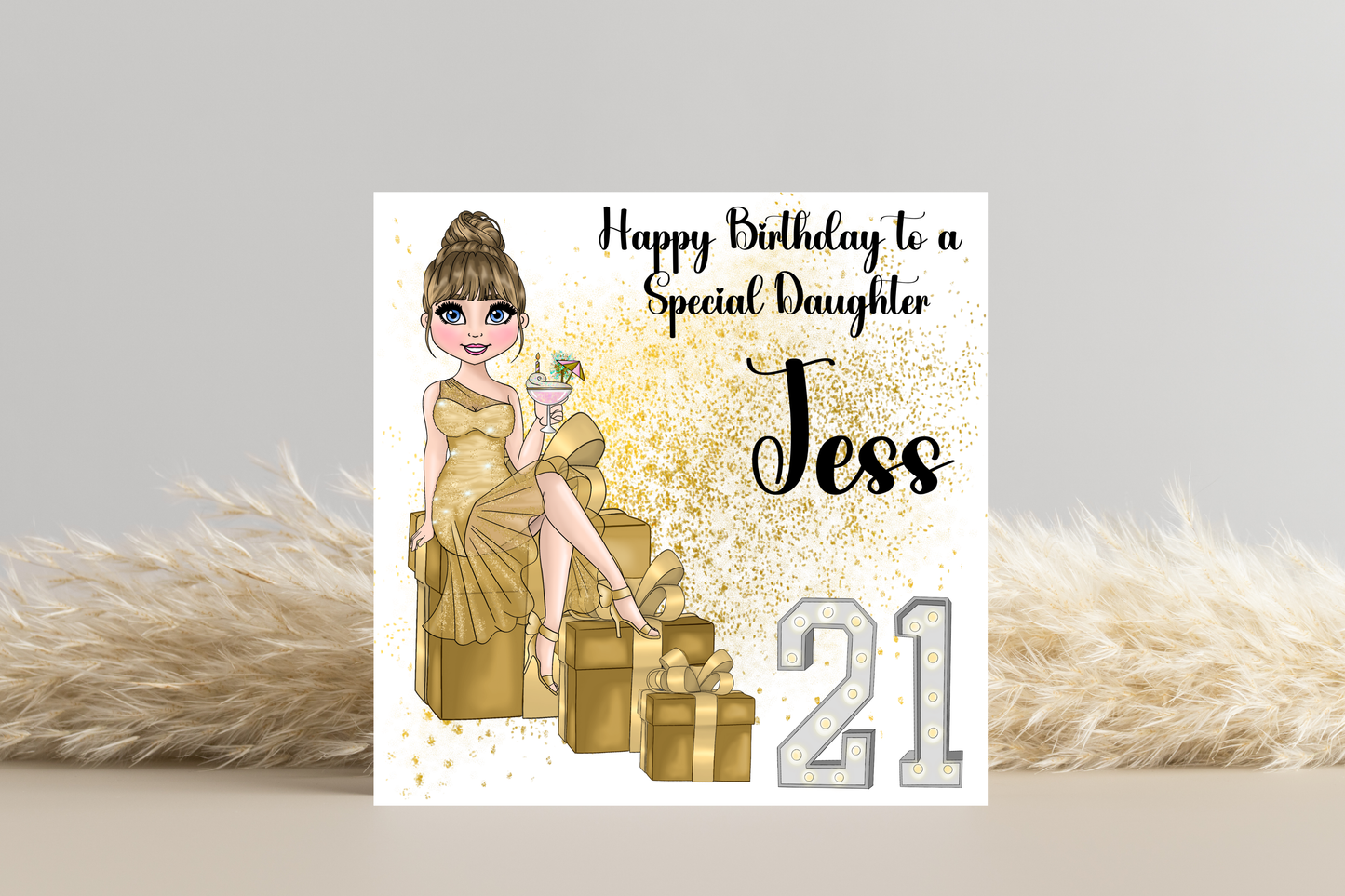 21st Birthday Card Personalised- Lady in Gold Dress Sitting on Glittering Presents