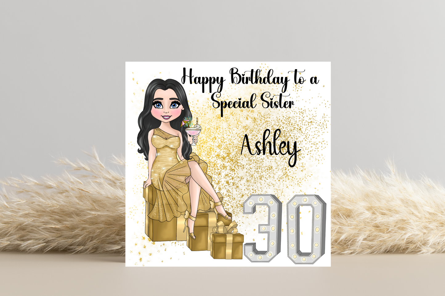 30th Birthday Card Personalised- Lady in Gold Dress Sitting on Glittering Presents