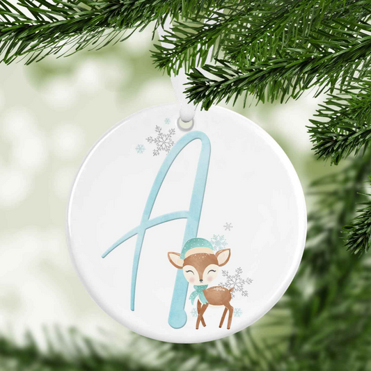 Blue Initial Reindeer Christmas Bauble