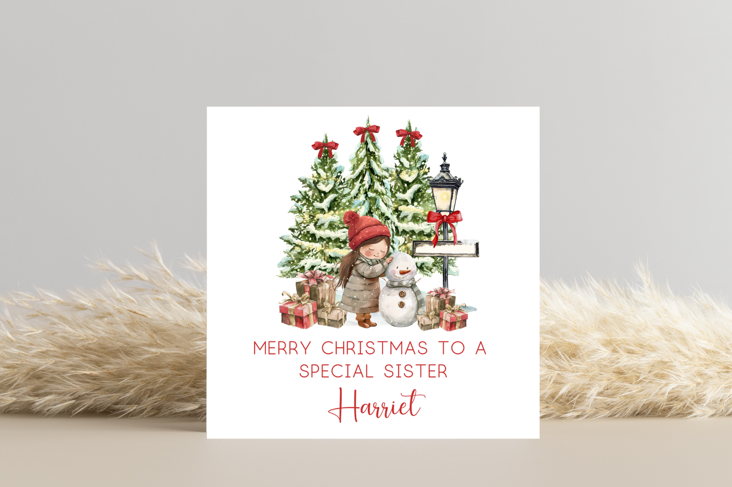 Personalised Snowman Building Little Girl Christmas Card