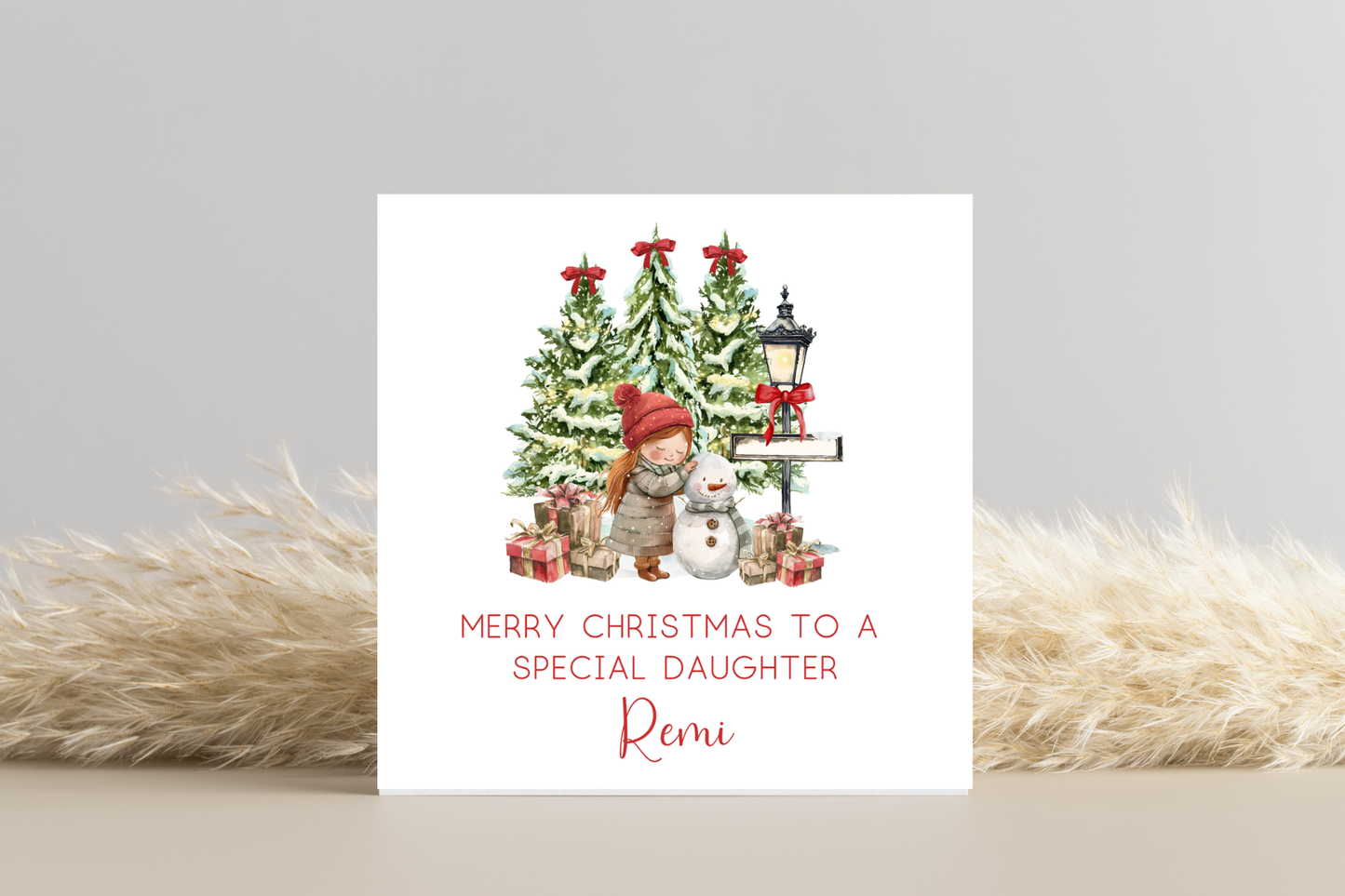 Personalised Snowman Building Little Girl Christmas Card