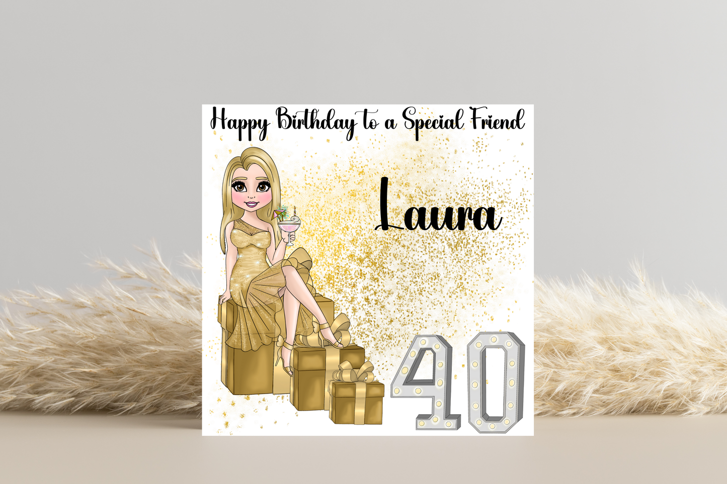 40th Birthday Card Personalised- Lady in Gold Dress Sitting on Glittering Presents