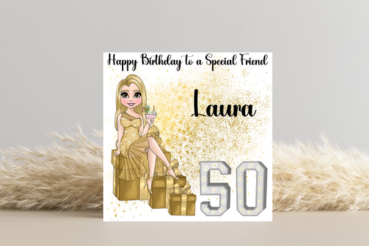 50th Birthday Card Personalised- Customisable Lady in Gold Dress Sitting on Glittering Presents with Age in Light-Up Numbers