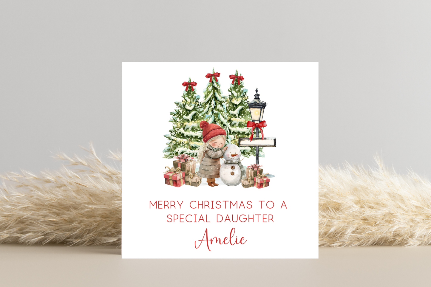 Personalised Snowman Building Little Girl Christmas Card