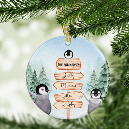 Personalised Penguin Family Names Christmas Bauble