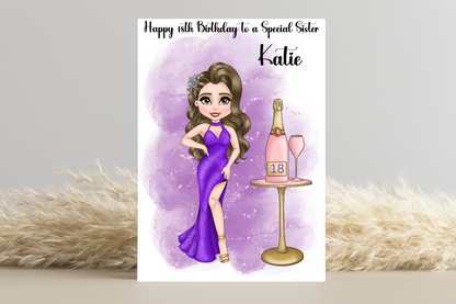 Celebrate Her Milestone: Customise Doll Look Alike in Purple Dress with Champagne Bottle Design - Perfect 18th Birthday Card