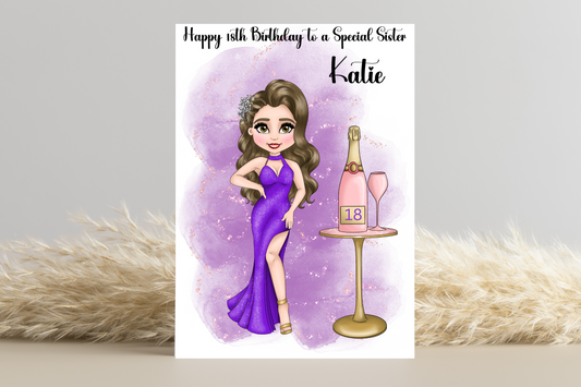 Celebrate Her Milestone: Customise Doll Look Alike in Purple Dress with Champagne Bottle Design - Perfect 18th Birthday Card