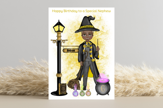 Personalised Wizard School Boy in Yellow Uniform Birthday Card - Customised look