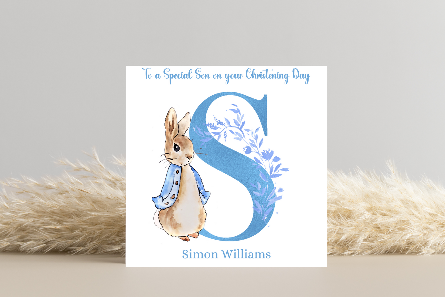 Peter Rabbit Blue Christening Card- Personalised Initial Name and Date