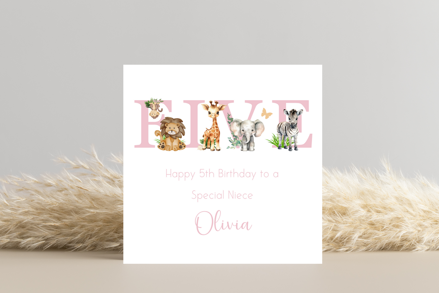 Personalised Jungle Animal Pink Birthday card