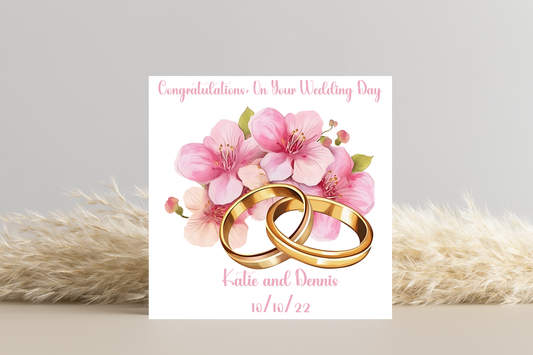 Elegant Personalised Wedding Day Card - Pink Flowers and 2 Gold Rings - Congratulations!