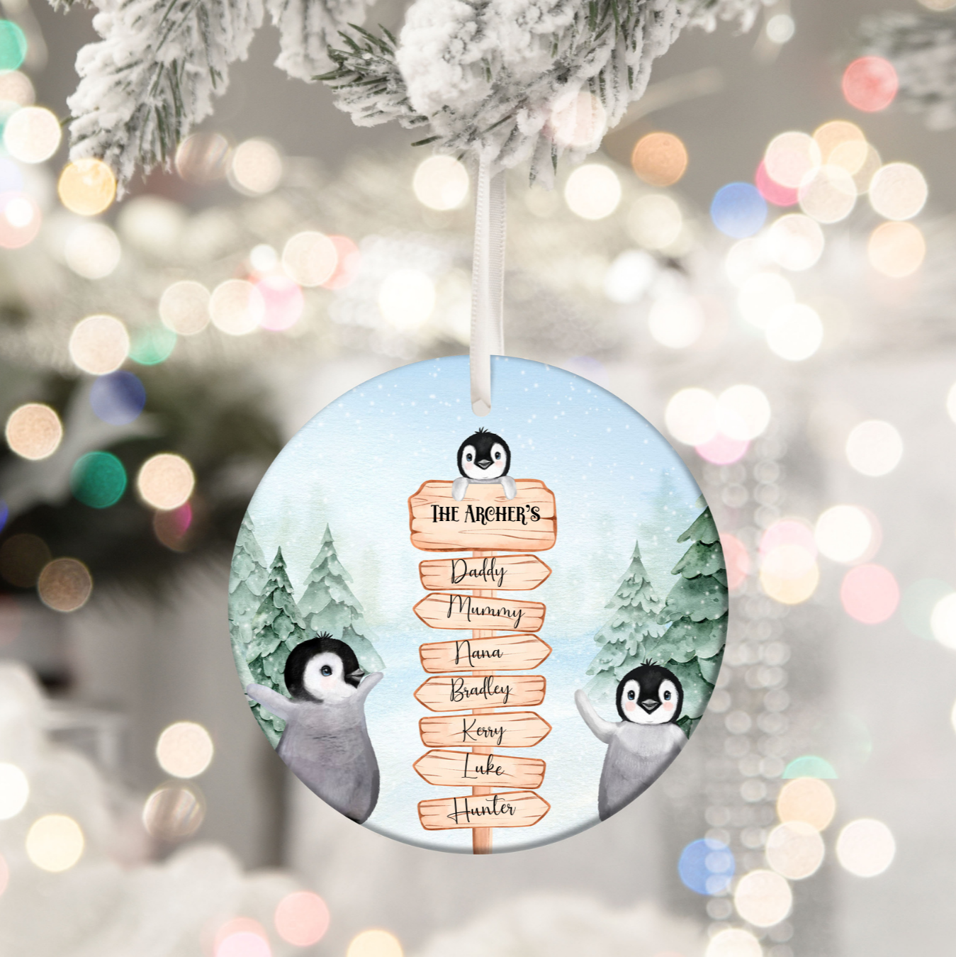 Personalised Penguin Family Names Christmas Bauble