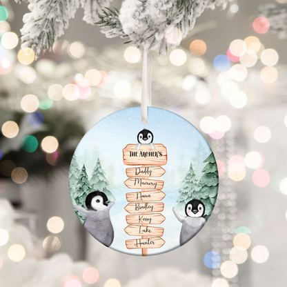 Personalised Penguin Family Names Christmas Bauble