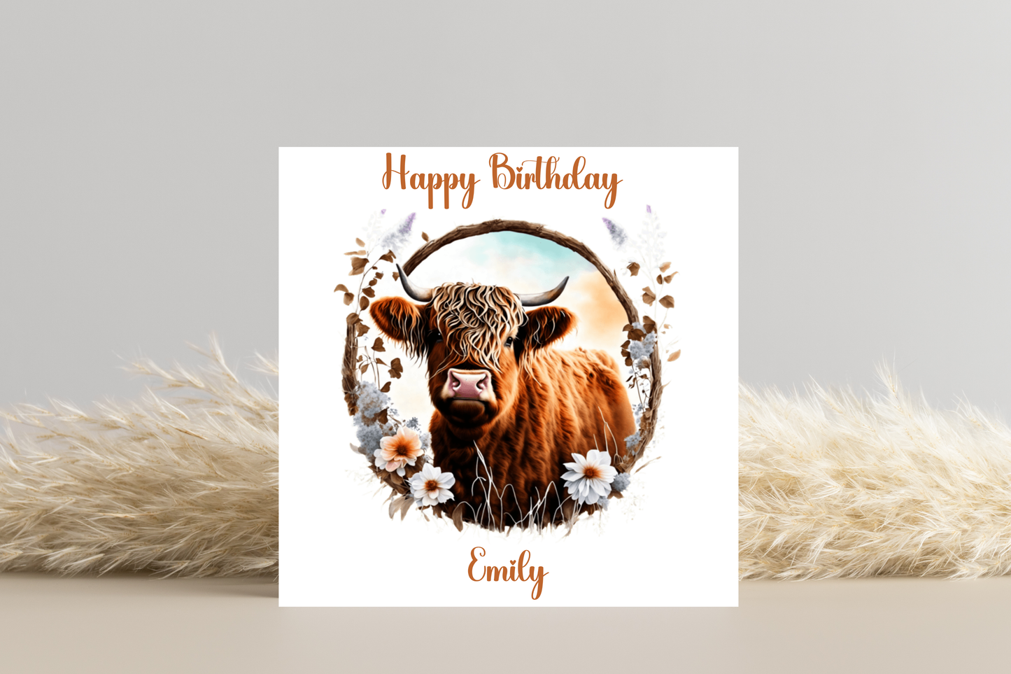 Personalised Highland Cow Floral Birthday Card