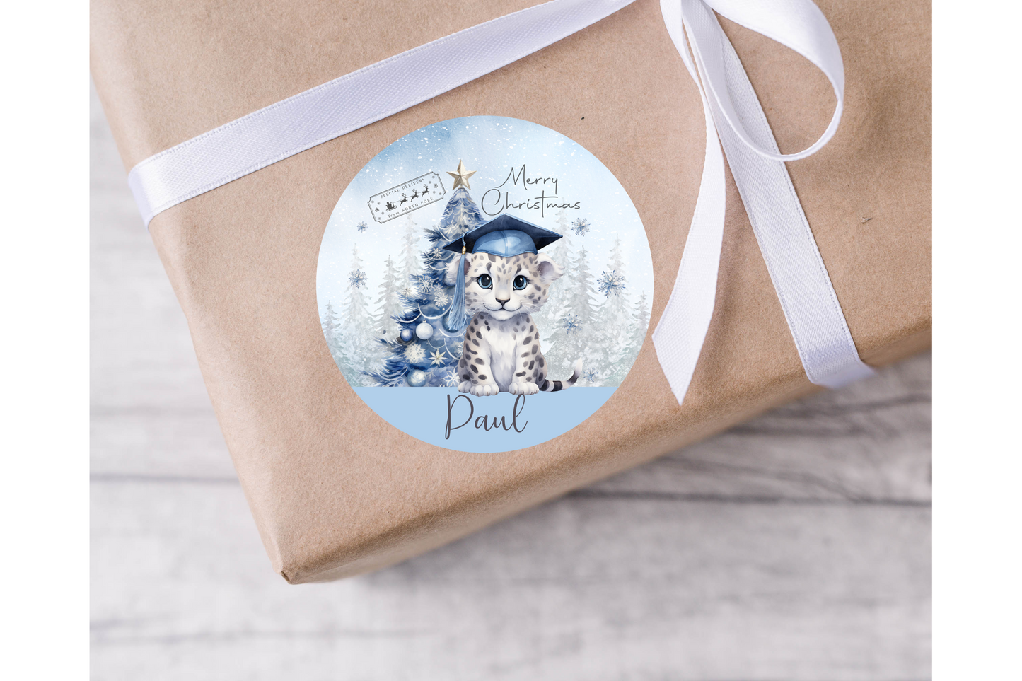 Personalised Snow Leopard Christmas Present Labels - 12 per sheet