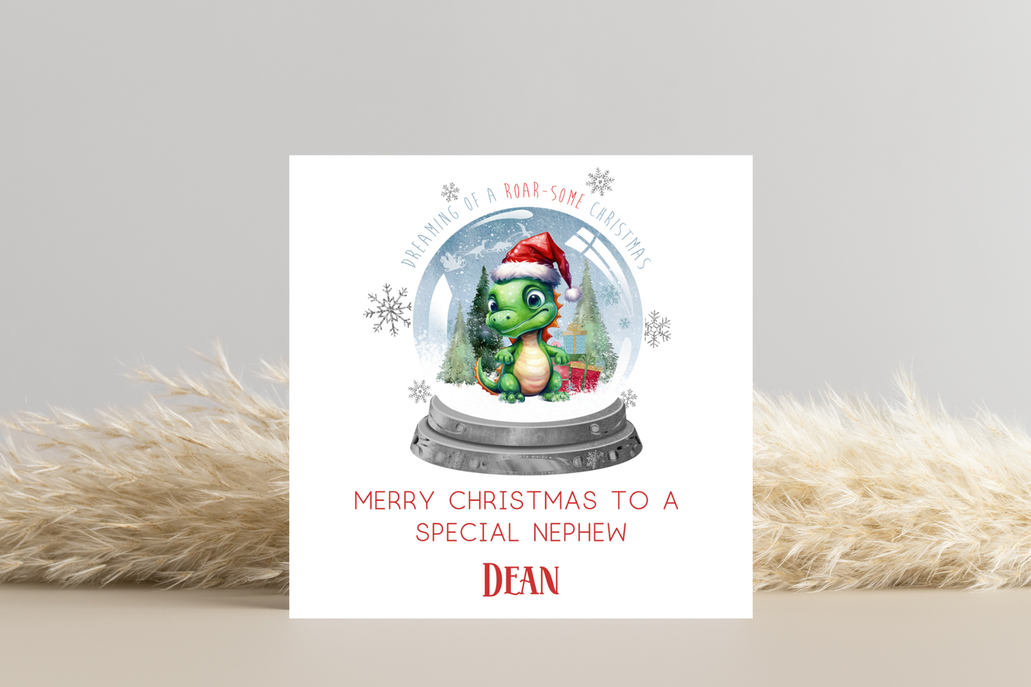 Personalised Dinosaur Snowglobe Christmas Card