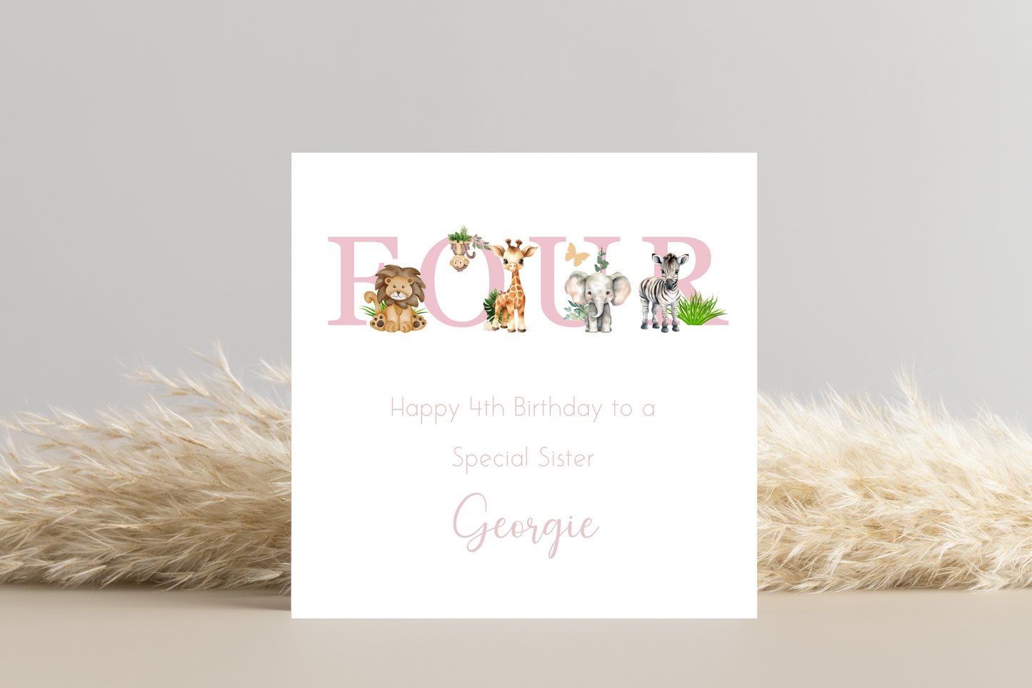 Personalised Jungle Animal Pink Birthday card