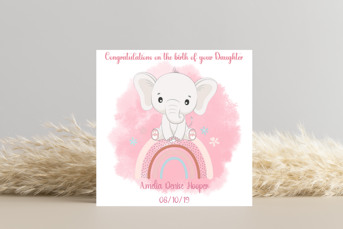 Congratulations Baby Girl Arrival Card - Elephant on a rainbow - Personalise with Baby's Name and Birth Date