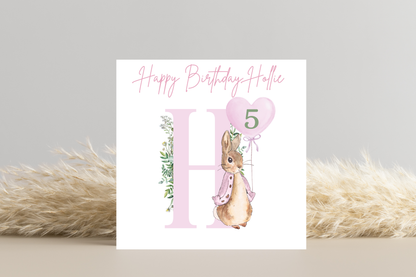 Personalised Flopsy Peter Rabbit Blue Birthday Card