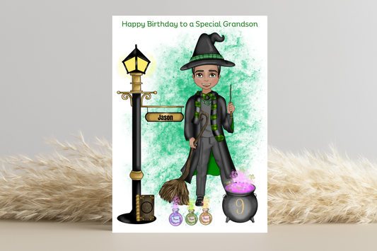 Personalised Wizard School Boy in Green Uniform Birthday Card - Customised look