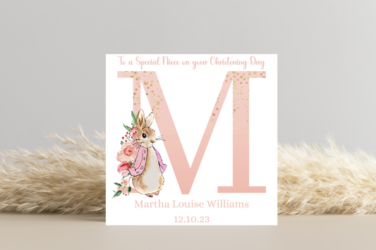 Peter Rabbit Pink Christening Card- Personalised Initial Name and Date