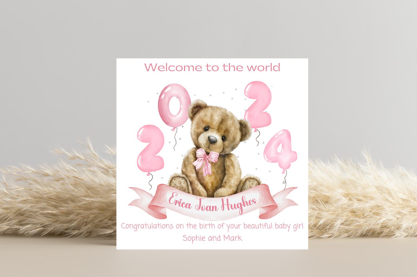 Born in 2024 Teddy Bear New Baby Personalised Card