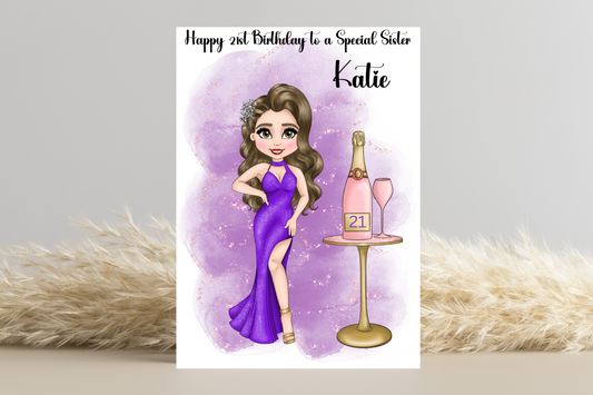 Celebrate Her Milestone: Customise Doll Look Alike in Purple Dress with Champagne Bottle Design - Perfect 21st Birthday Card