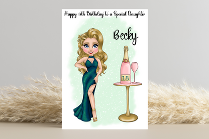 Celebrate Her Milestone: Customise Doll Look Alike in Emerald Green Dress with Champagne Bottle Design - Perfect 18th Birthday Card