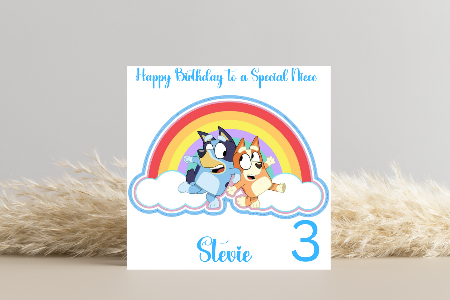 Personalised Bluey and Bingo Birthday Card - Custom Name and Age - Rainbow Design