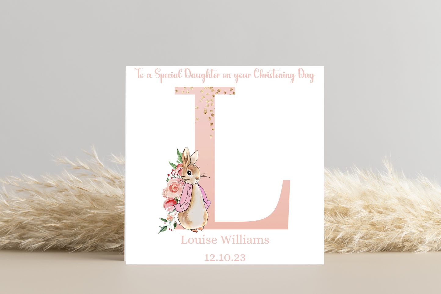 Peter Rabbit Pink Christening Card- Personalised Initial Name and Date