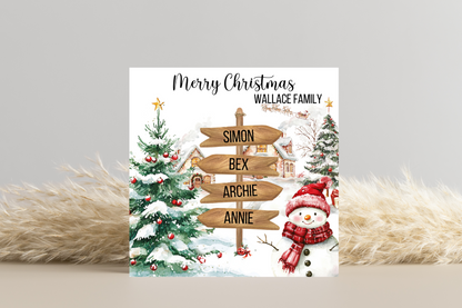 Personalised Snowman Family Signpost Christmas Card