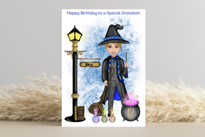 Personalised Wizard School Boy in Blue Uniform Birthday Card - Customised look