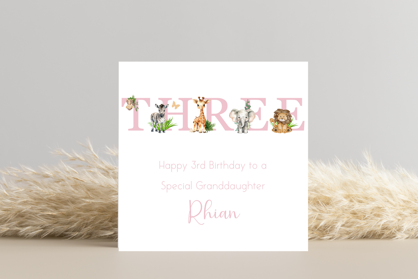 Personalised Jungle Animal Pink Birthday card