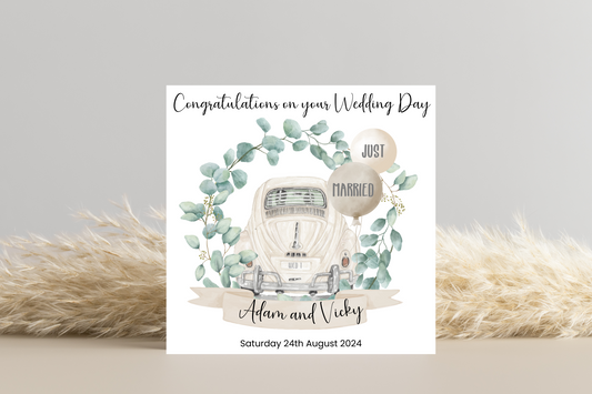 Personalised wedding day Car Just Married Balloons Card