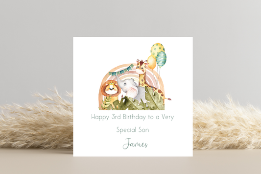 Personalised Jungle Animal Rainbow Birthday Card