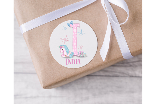 Personalised Pink Initial Unicorn Christmas Present Labels - 12 per sheet