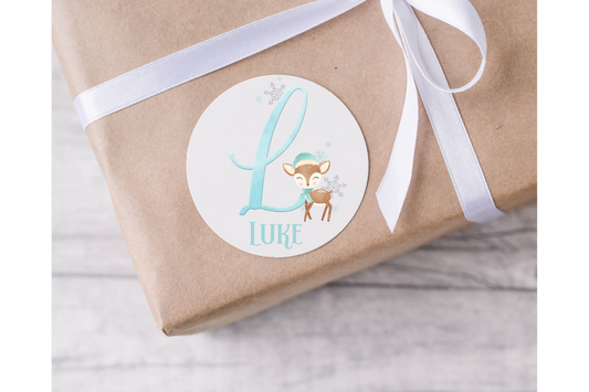 Personalised Blue Initial Reindeer Christmas Present Labels - 12 per sheet