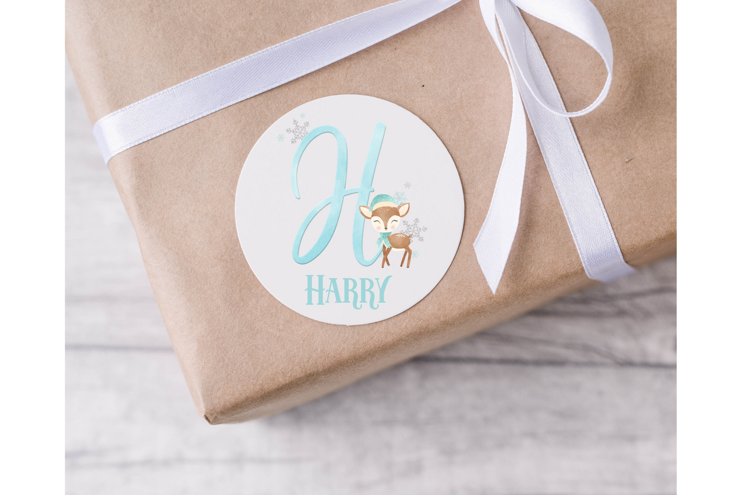 Personalised Blue Initial Reindeer Christmas Present Labels - 12 per sheet